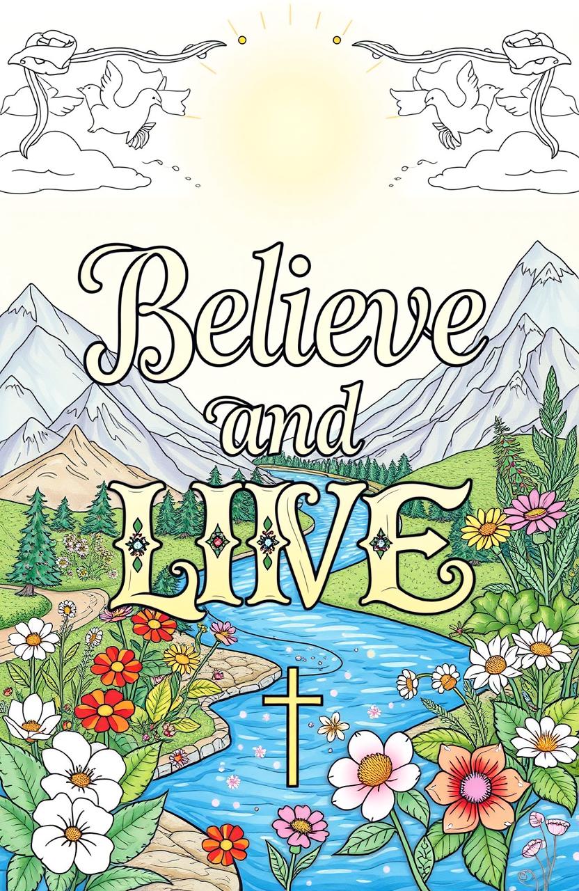 An inspirational adult coloring book cover featuring the phrase "Believe and LIVE" prominently displayed in intricate, ornate typography