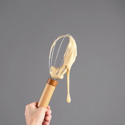 A complete image of a wooden-handled whisk held in a hand, with thick droplets of creamy batter dripping from it