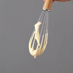 A complete image of a wooden-handled whisk held in a hand, with thick droplets of creamy batter dripping from it