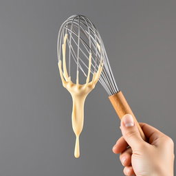 A complete image of a wooden-handled whisk held in a hand, with thick droplets of creamy batter dripping from it