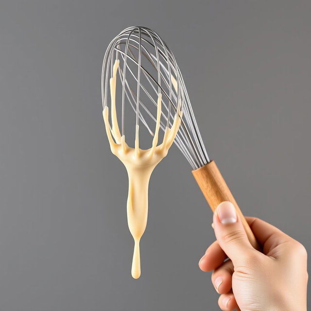 A complete image of a wooden-handled whisk held in a hand, with thick droplets of creamy batter dripping from it