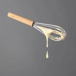 A complete image of a wooden-handled whisk held in a hand, with thick droplets of creamy batter dripping from it