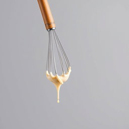 A complete image of a whisk with a wooden handle, showcasing the entire handle and whisk head