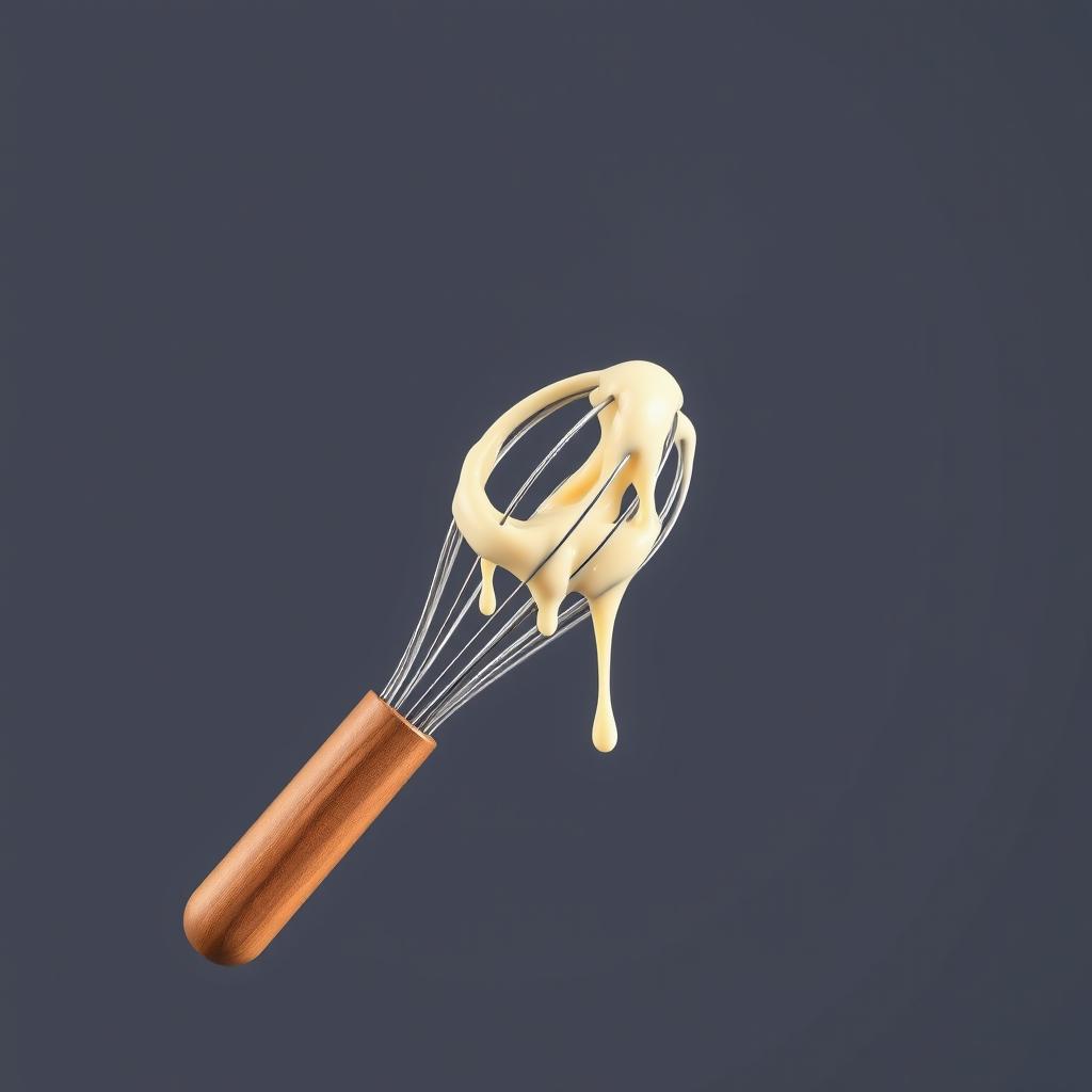 A complete image of a whisk with a wooden handle, showcasing the entire handle and whisk head