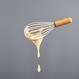A complete image of a whisk with a wooden handle, showcasing the entire handle and whisk head