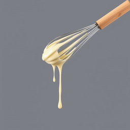 A complete image of a whisk with a wooden handle, showcasing the entire handle and whisk head