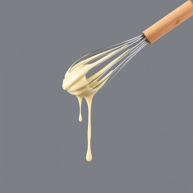 A complete image of a whisk with a wooden handle, showcasing the entire handle and whisk head