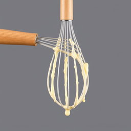 A complete image of a whisk with a wooden handle, showing the entire handle and whisk head