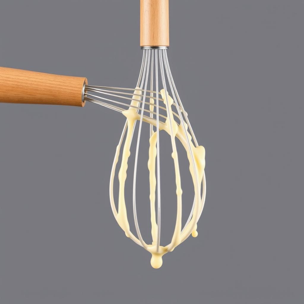 A complete image of a whisk with a wooden handle, showing the entire handle and whisk head
