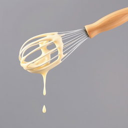 A complete image of a whisk with a wooden handle, showing the entire handle and whisk head