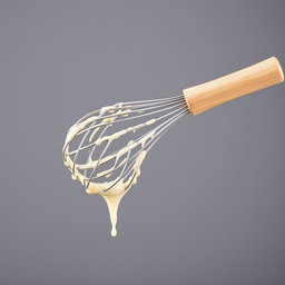 A complete image of a whisk with a wooden handle, showing the entire handle and whisk head