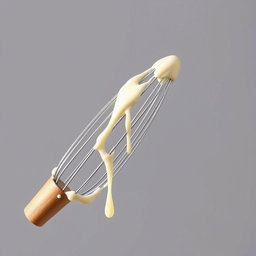 A complete image of a whisk with a wooden handle, showing the entire handle and whisk head