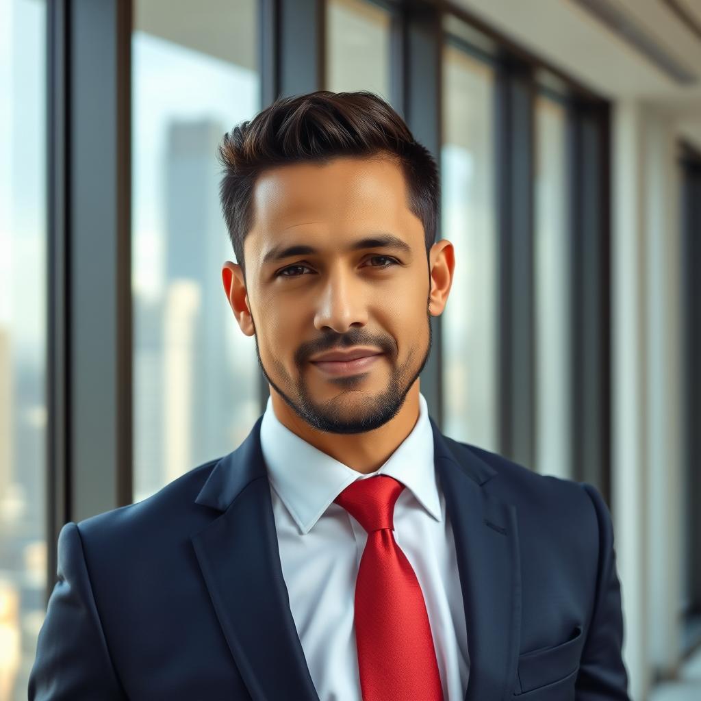 A half-body portrait of a confident male executive in a sharp tailored navy blue suit, with a crisp white dress shirt and a vibrant silk tie, standing in a modern office setting