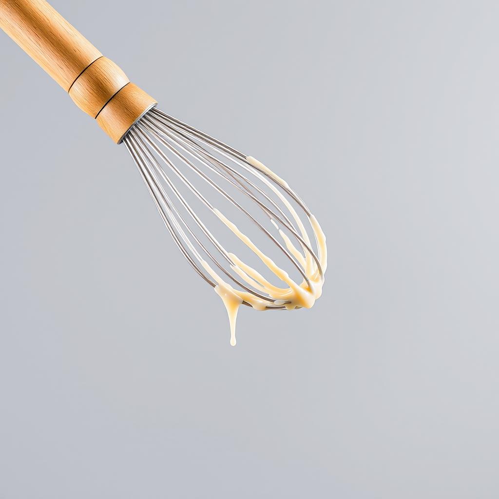 A complete wooden-handled whisk with drips of batter falling off its wires