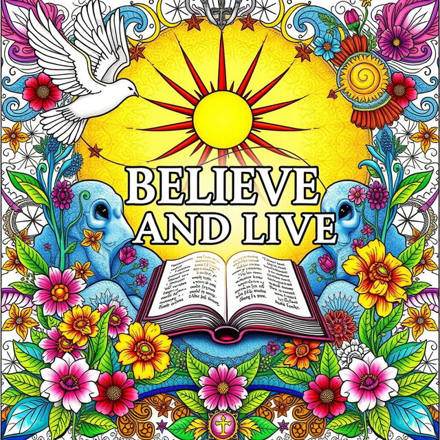 An intricate adult coloring book cover titled 'BELIEVE AND LIVE', featuring a vibrant and artistic representation related to biblical themes