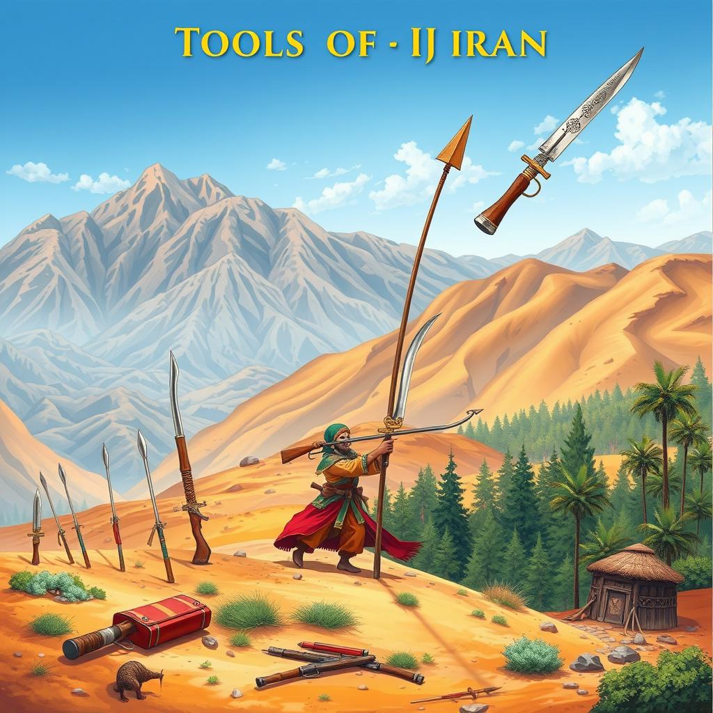 A detailed illustration capturing the tools of conflict and fight used by different ethnic groups of Iran