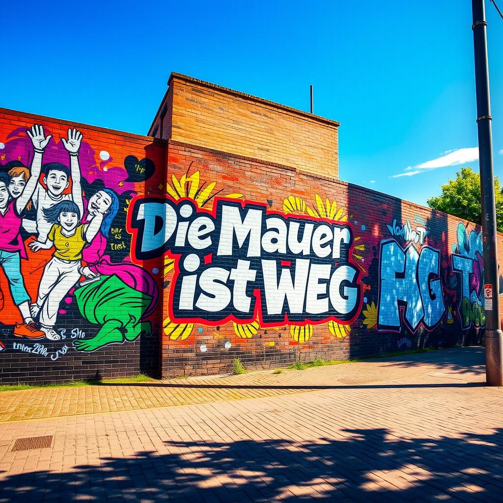 A striking urban scene featuring a large, colorful mural on a brick wall
