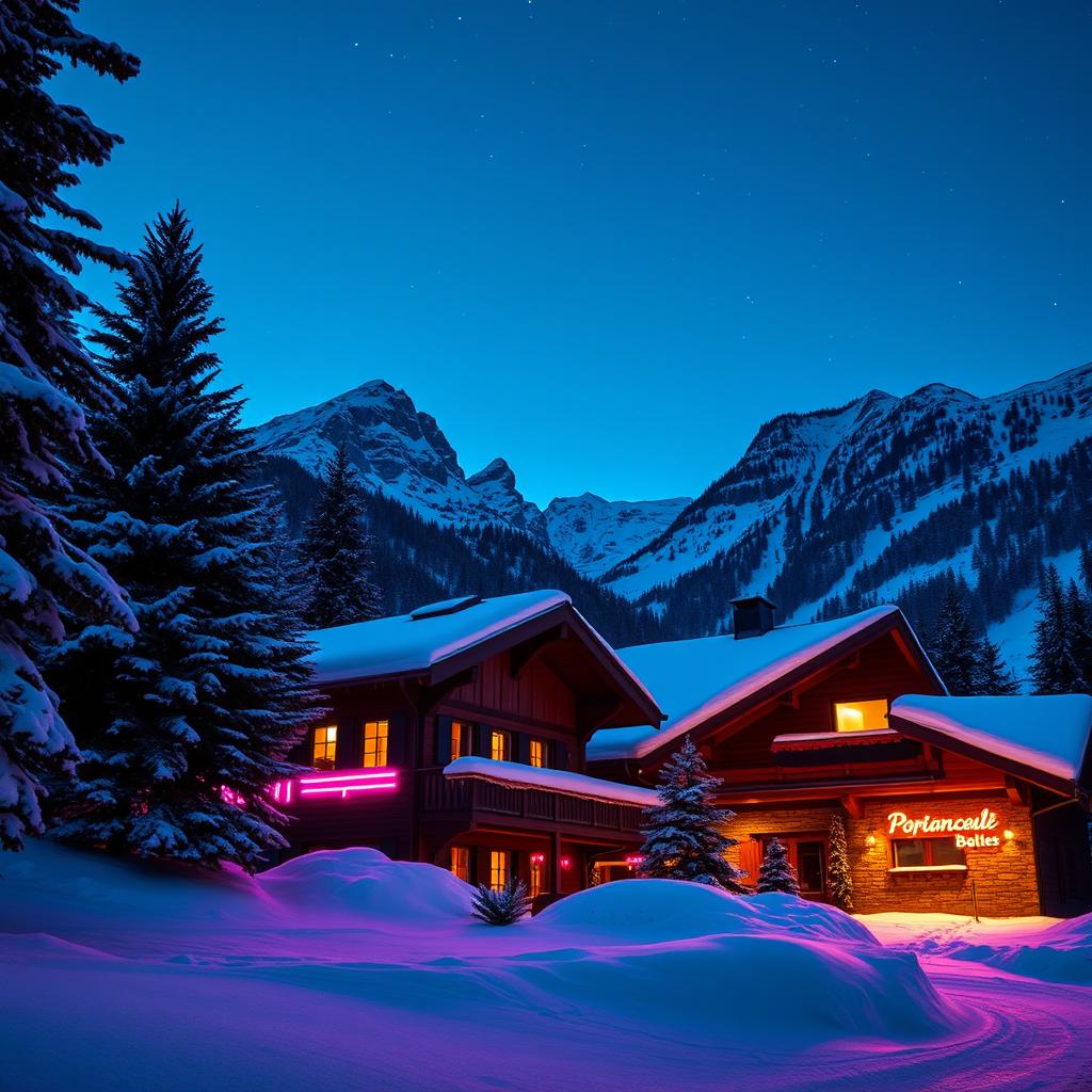 A cozy Swiss chalet surrounded by picturesque snowy mountains, showcasing neon flex signage that adds a modern twist to the traditional wooden structure