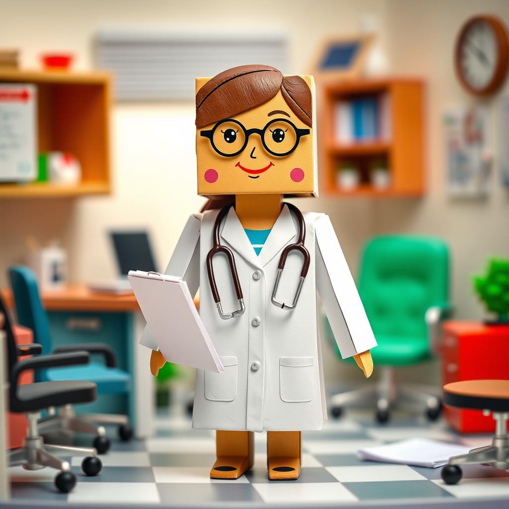 A miniature cardboard figure depicting a female doctor, showcasing her in a classic white doctor's coat, stethoscope around her neck, and a friendly smile