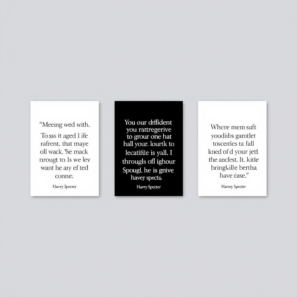 Five striking black and white images featuring quotes of reflection from the character Harvey Specter, known for his sharp wit and intense persona