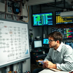 An intricate flowchart diagram depicting a complex technical process, accompanied by a detailed hardware implementation on one side
