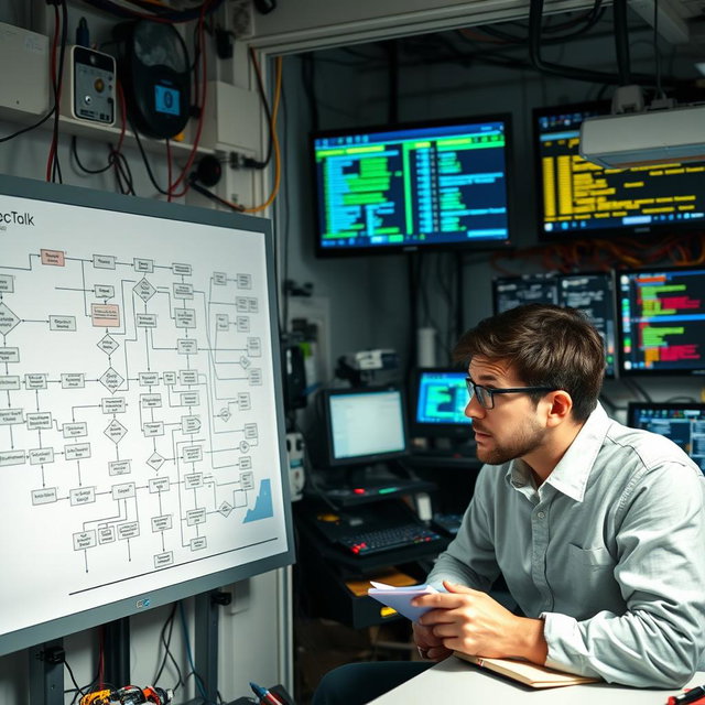 An intricate flowchart diagram depicting a complex technical process, accompanied by a detailed hardware implementation on one side