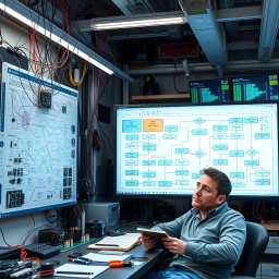 An intricate flowchart diagram depicting a complex technical process, accompanied by a detailed hardware implementation on one side