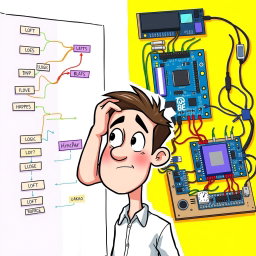 An animated and vibrant illustration depicting a flowchart on one side, showcasing various logic paths and processes, with colorful arrows connecting the steps
