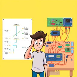An animated and vibrant illustration depicting a flowchart on one side, showcasing various logic paths and processes, with colorful arrows connecting the steps