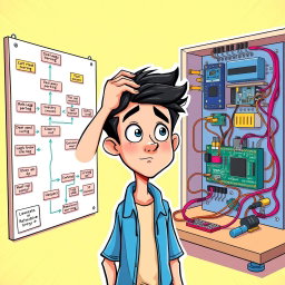 An animated and vibrant illustration depicting a flowchart on one side, showcasing various logic paths and processes, with colorful arrows connecting the steps