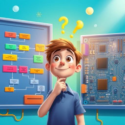 A vibrant and animated scene depicting a flowchart diagram on one side and a hardware implementation on the other