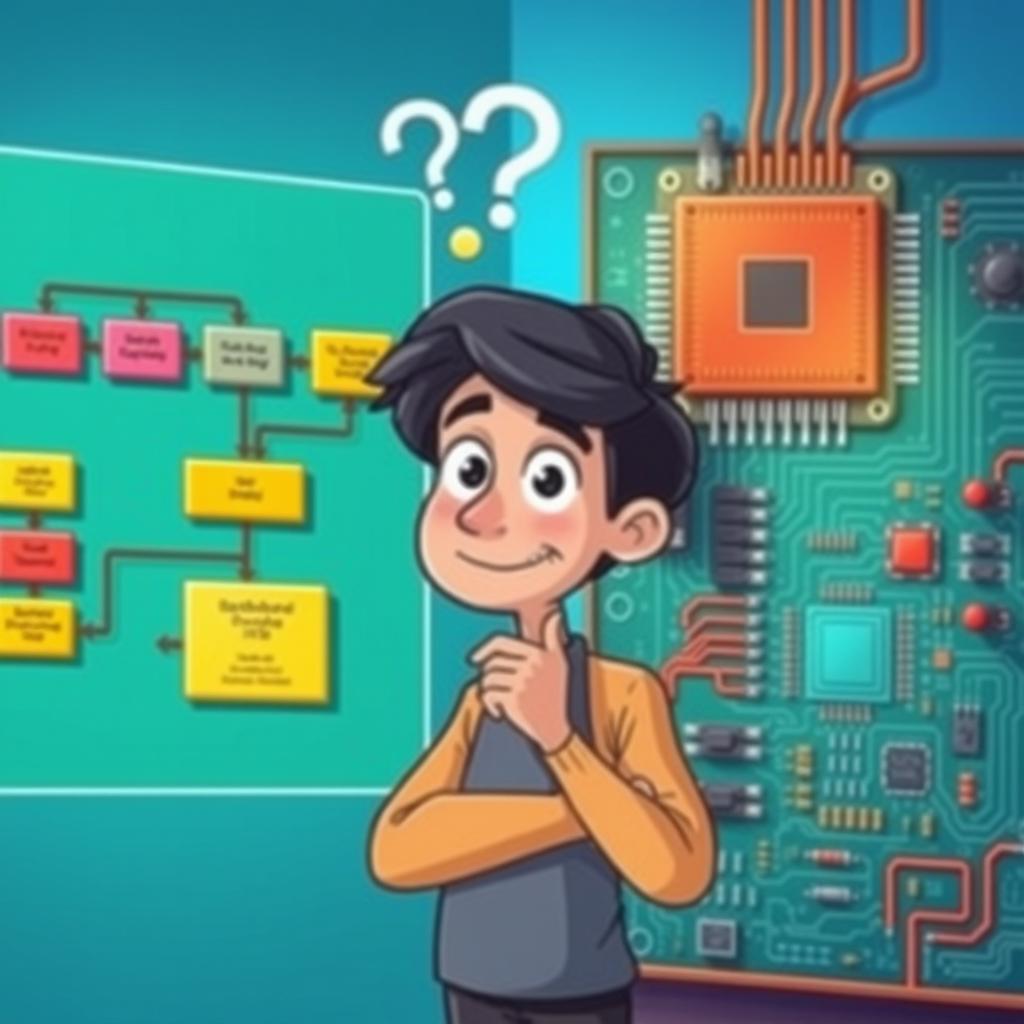 A vibrant and animated scene depicting a flowchart diagram on one side and a hardware implementation on the other