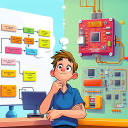 A vibrant and animated scene depicting a flowchart diagram on one side and a hardware implementation on the other