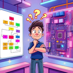 A vibrant and animated scene depicting a flowchart diagram on one side and a hardware implementation on the other