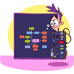 A vibrant and animated illustration showing a flowchart diagram in the center and a hardware implementation on one side