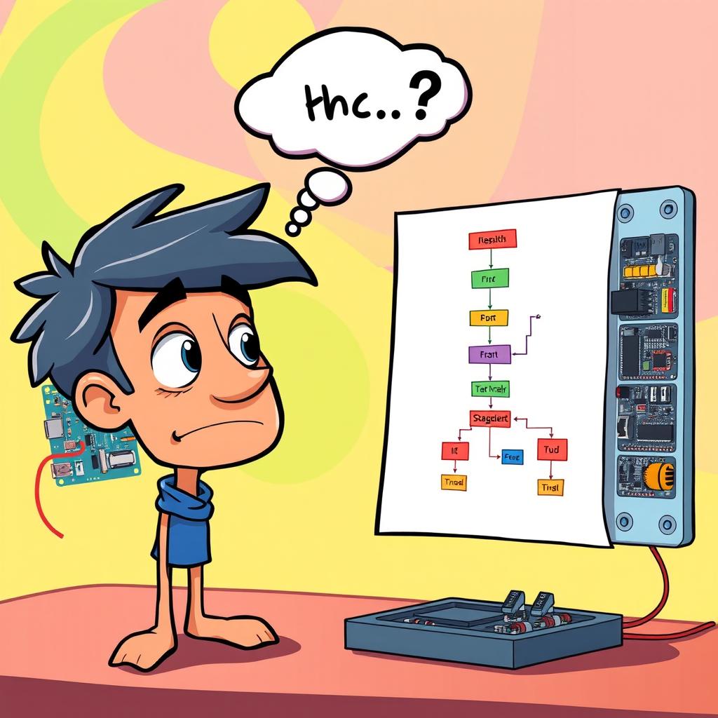 A vibrant and animated illustration showing a flowchart diagram in the center and a hardware implementation on one side
