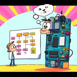 A vibrant and animated illustration showing a flowchart diagram in the center and a hardware implementation on one side