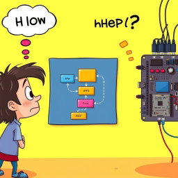 A vibrant and animated illustration showing a flowchart diagram in the center and a hardware implementation on one side