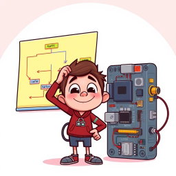 A cheerful and animated illustration featuring a colorful flowchart diagram prominently displayed in the center, next to a detailed hardware implementation with various electronic components