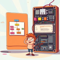 A cheerful and animated illustration featuring a colorful flowchart diagram prominently displayed in the center, next to a detailed hardware implementation with various electronic components