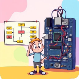 A cheerful and animated illustration featuring a colorful flowchart diagram prominently displayed in the center, next to a detailed hardware implementation with various electronic components
