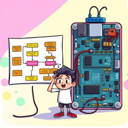 A cheerful and animated illustration featuring a colorful flowchart diagram prominently displayed in the center, next to a detailed hardware implementation with various electronic components