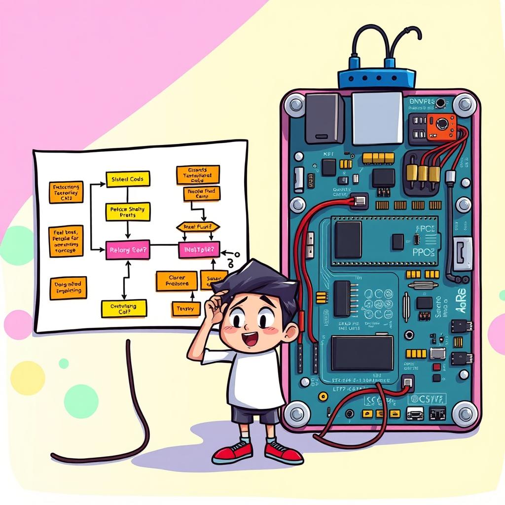 A cheerful and animated illustration featuring a colorful flowchart diagram prominently displayed in the center, next to a detailed hardware implementation with various electronic components