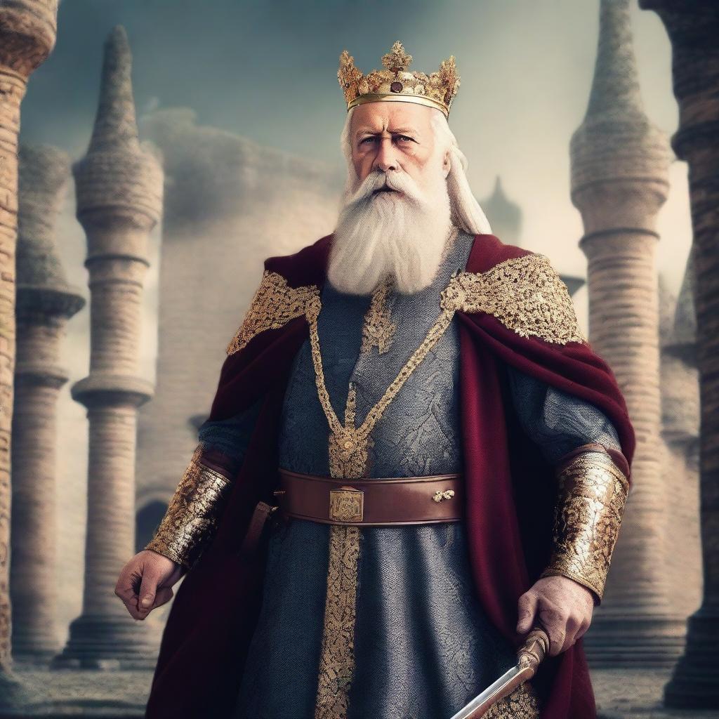 A high-quality digital art piece showcasing an elderly European king with a full beard, donning traditional regal attire, and holding guns in both hands