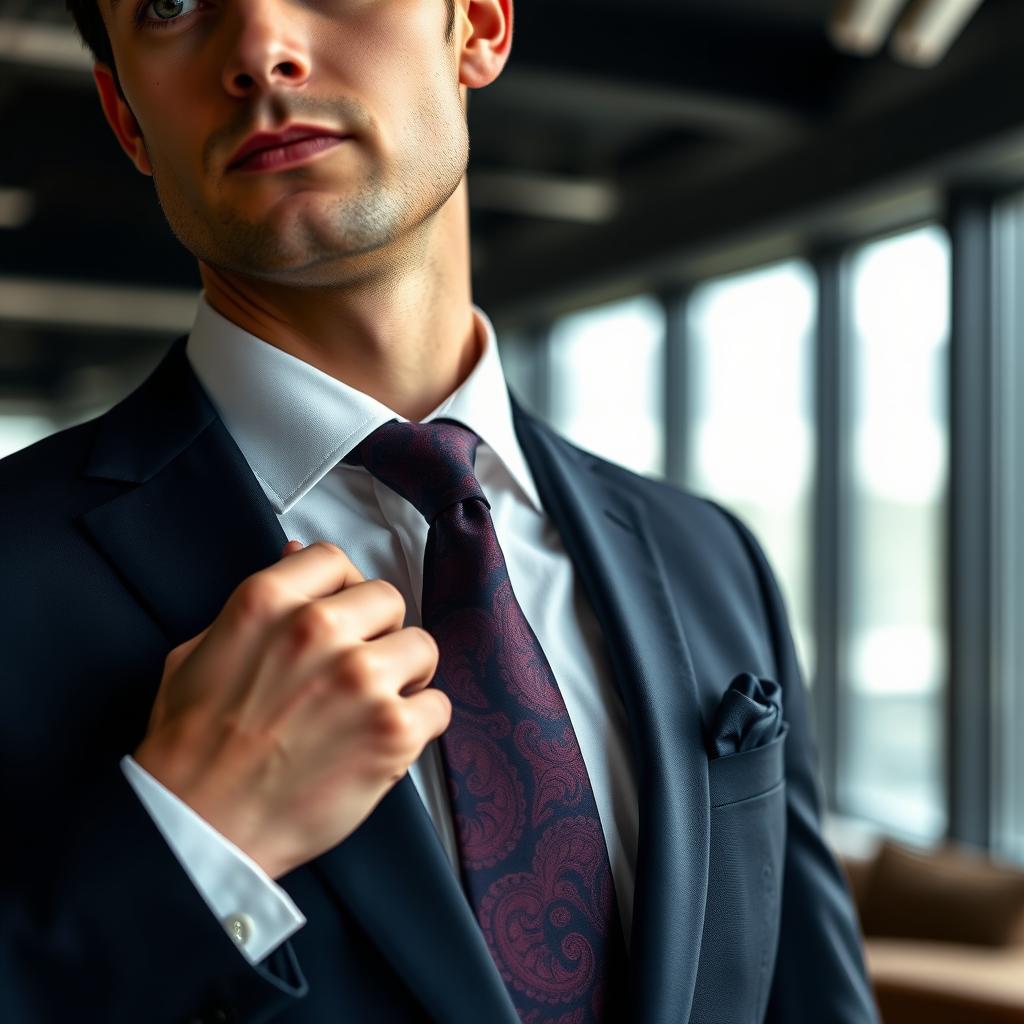 An elegant close-up of a well-dressed man in a tailored suit, adjusting a silk tie in rich shades of navy blue and deep burgundy, showcasing an intricate paisley pattern