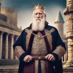 A high-quality digital art piece showcasing an elderly European king with a full beard, donning traditional regal attire, and holding guns in both hands