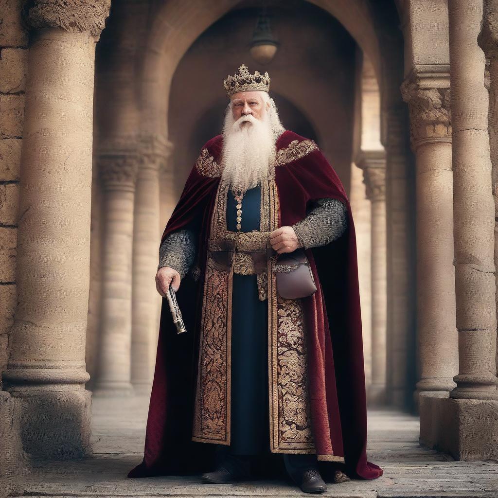 A high-quality digital art piece showcasing an elderly European king with a full beard, donning traditional regal attire, and holding guns in both hands