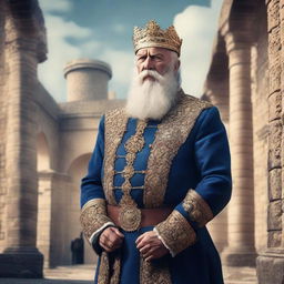 A high-quality digital art piece showcasing an elderly European king with a full beard, donning traditional regal attire, and holding guns in both hands