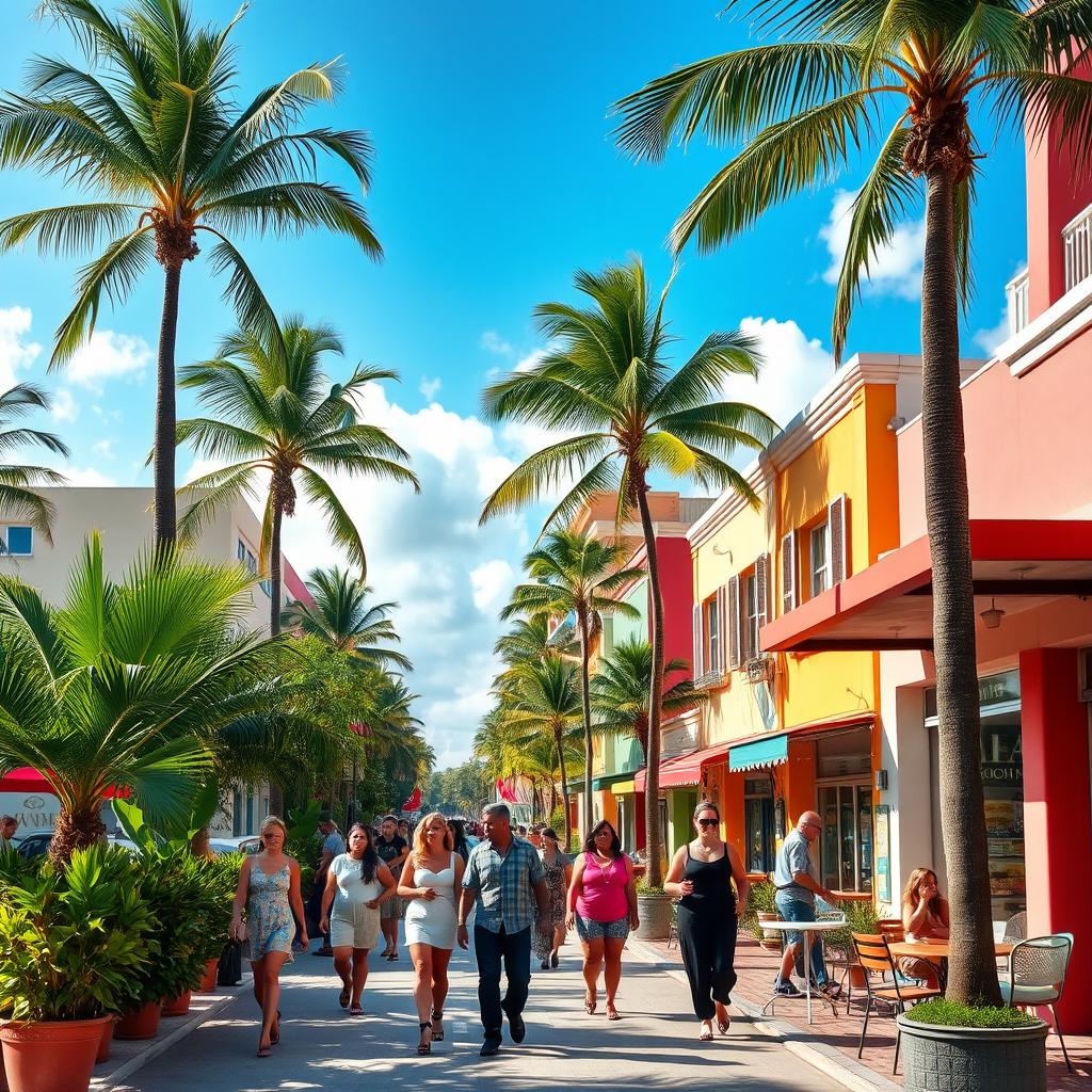 A vibrant street scene in South Miami, showcasing palm trees, colorful buildings, and a sunny sky