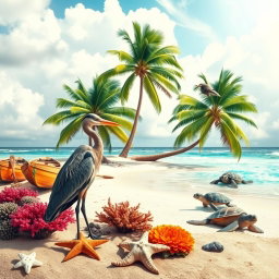 A serene coastal scene featuring a lone heron standing gracefully near a fish bone, surrounded by a starfish and vibrant coral